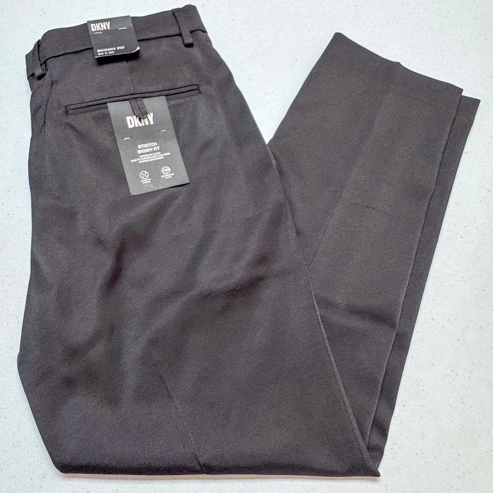 DKNY Dress Pants Mens 34 Black‎ Stretch Skinny Fit Flat Front 36x29 NEW $70
